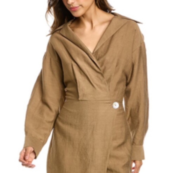 VINCE Collared Linen-blend Wrap V Neck Long Sleeve Mini Dress Size 0 NEW - Picture 3 of 11